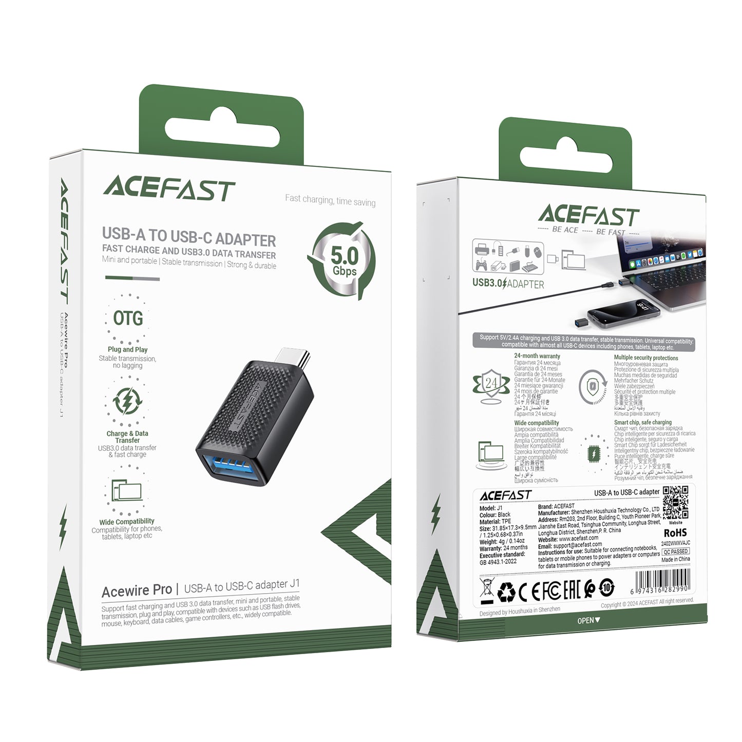 ACEFAST J1 USB-A to USB-C Extension Adapter Data Transfer Fast Charging Adapter