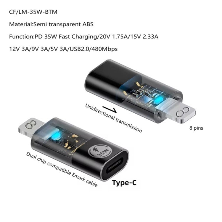 8 Pin Male to Type-C Female PD 35W Fast Charging Adapter Support Data Transmission
