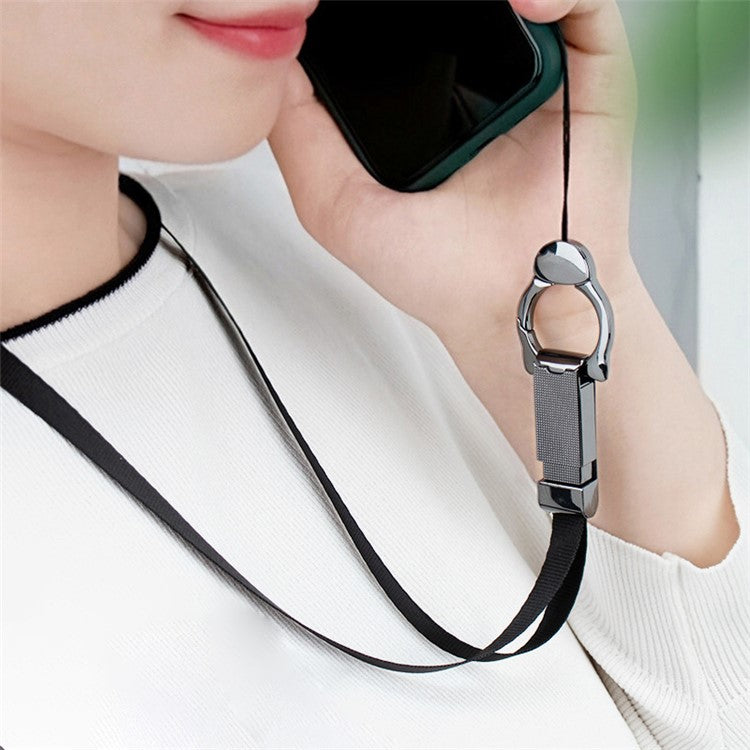INYUE Detachable Cat Head Finger Ring Slide Buckle Design Woven Nylon Lanyard Phone Anti-drop Neck Strap - Black