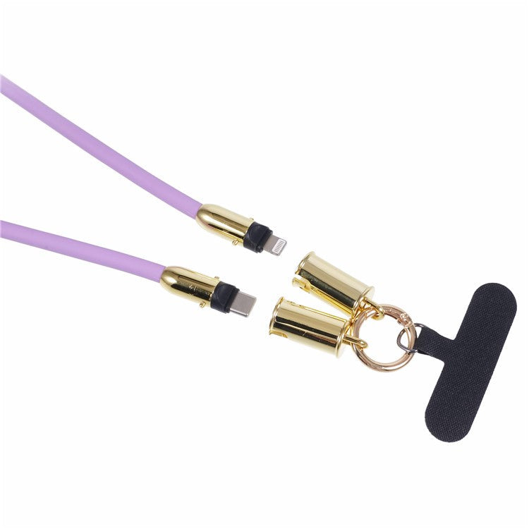 120cm Crossbody Phone Lanyard Silicone Shoulder Strap Type-C to Lightning Charging Cable - Purple