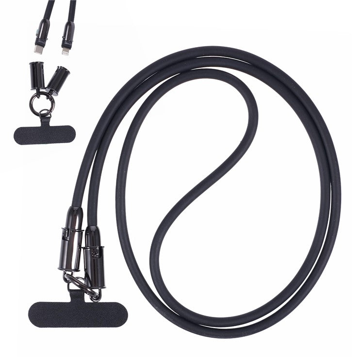 120cm Crossbody Phone Lanyard Silicone Shoulder Strap Type-C to Lightning Charging Cable - Black
