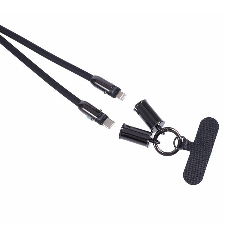 120cm Crossbody Phone Lanyard Silicone Shoulder Strap Type-C to Lightning Charging Cable - Black
