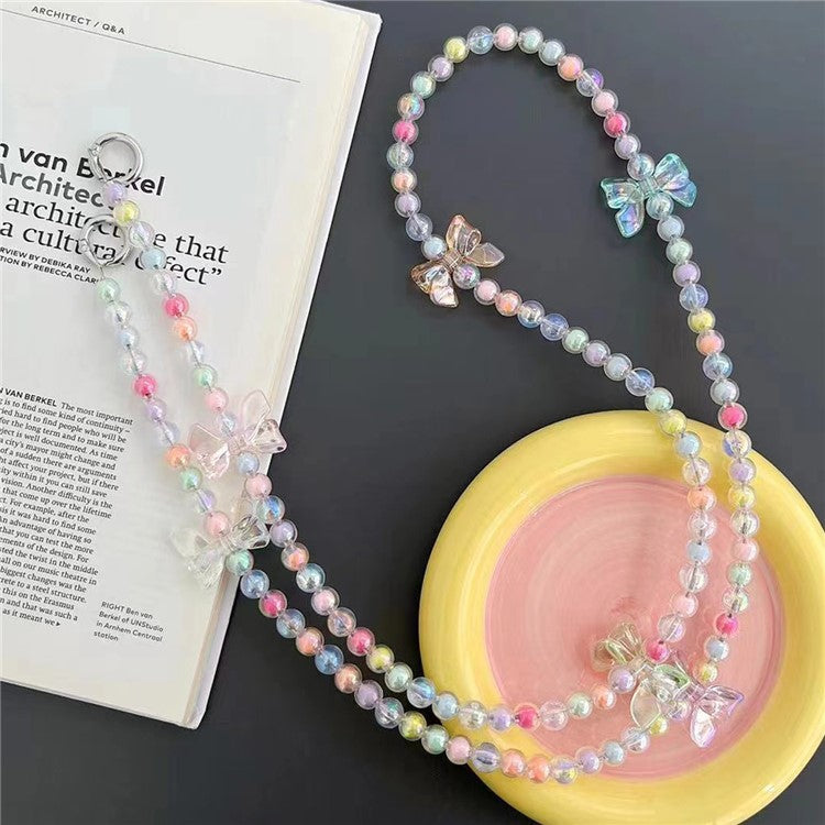 120cm Crossbody Beaded Strap Butterfly Decor Colorful Beads Phone Chain Lanyard with Tether Tab