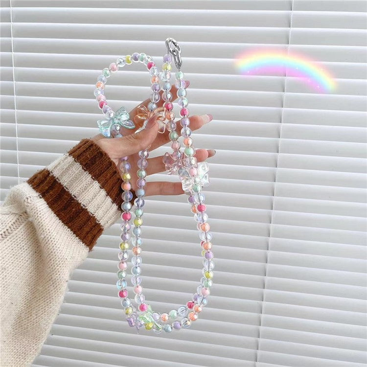 120cm Crossbody Beaded Strap Butterfly Decor Colorful Beads Phone Chain Lanyard with Tether Tab
