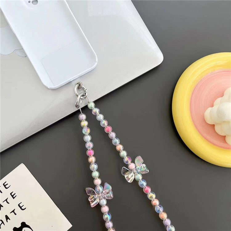 120cm Crossbody Beaded Strap Butterfly Decor Colorful Beads Phone Chain Lanyard with Tether Tab