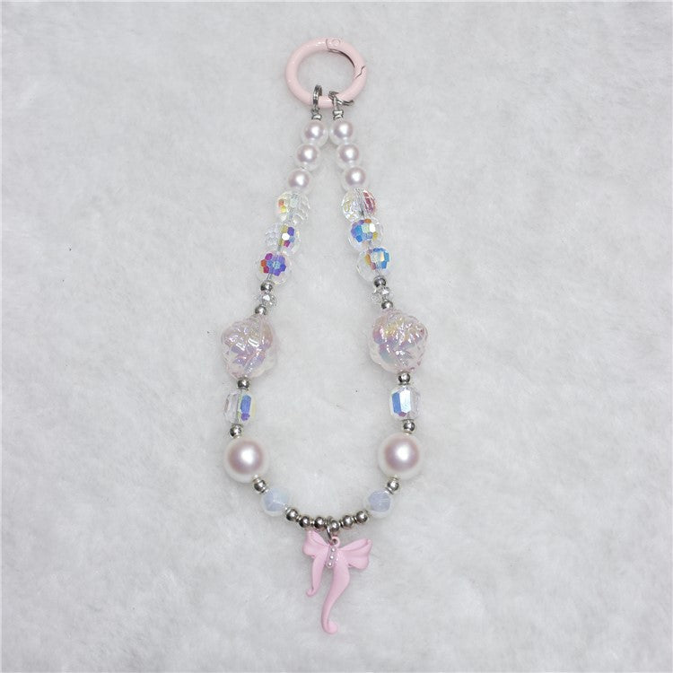 Phone Wrist Strap Short 26cm Flower Bow Accents Beaded Phone Bracelet Strap - Pink