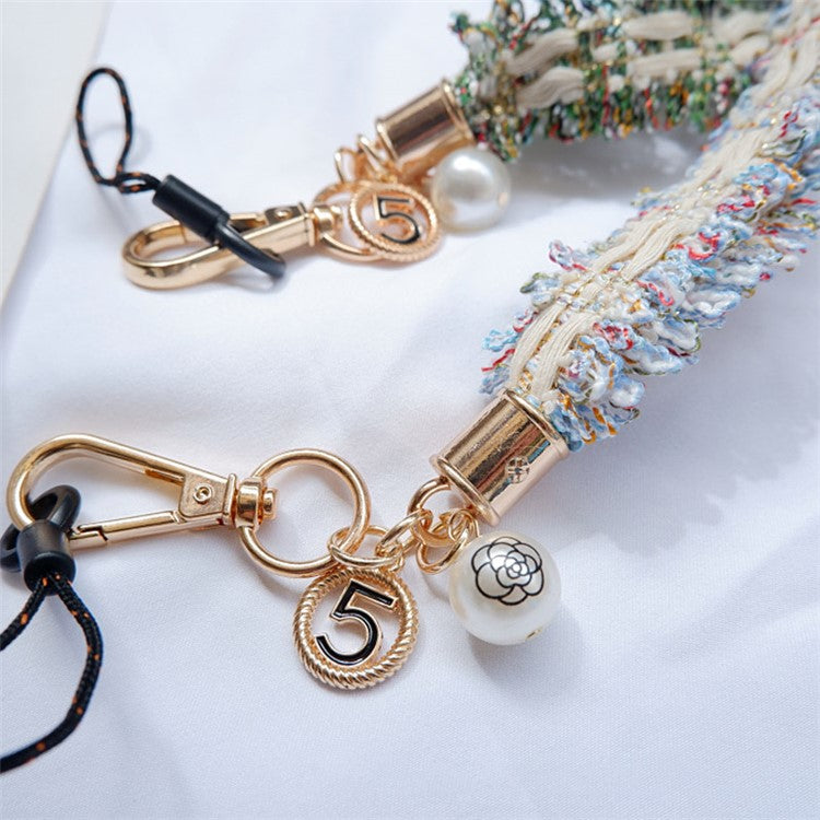 Camellia Series Pearl Ornament Mobile Phone Case Hanging Neck Lanyard Name Tag Neck Strap - Brown