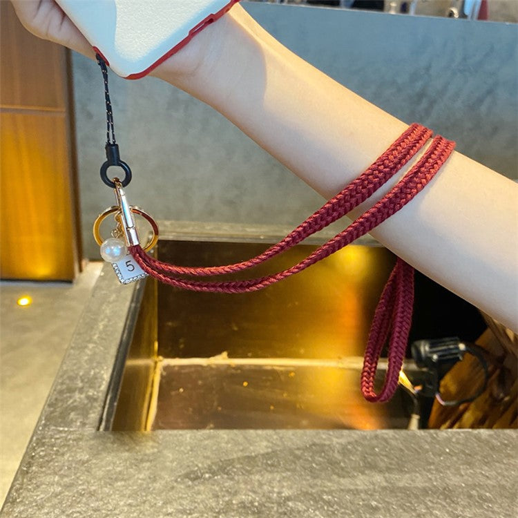 Flower Pearl Pendant Mobile Phone Anti-lost Braided Lanyard Cellphone Case Name Tag Neck Strap - Wine Red