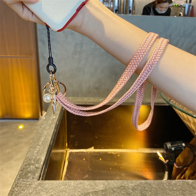 Flower Pearl Pendant Mobile Phone Anti-lost Braided Lanyard Cellphone Case Name Tag Neck Strap - Pink