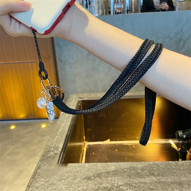 Flower Pearl Pendant Mobile Phone Anti-lost Braided Lanyard Cellphone Case Name Tag Neck Strap - Black