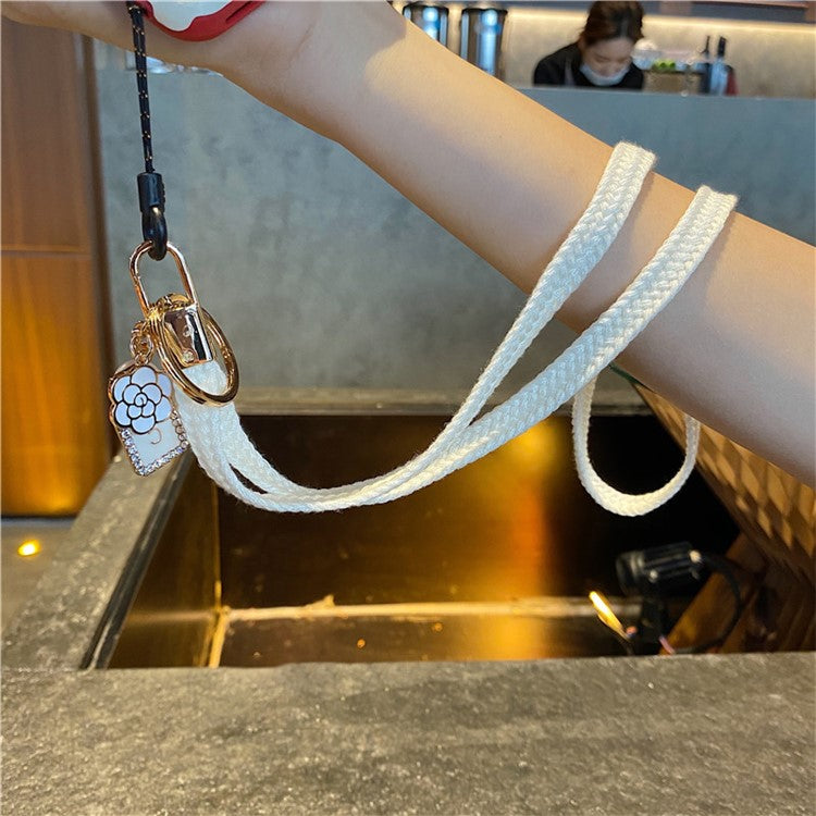 Flower Pearl Pendant Mobile Phone Anti-lost Braided Lanyard Cellphone Case Name Tag Neck Strap - White