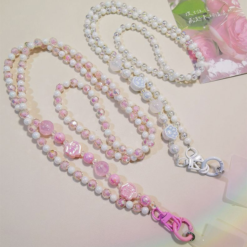 110cm Phone Lanyard for iPhone 16 / 16 Ultra / 16 Pro / 16 Pro Max Beaded Shoulder Neck Strap with Patch - Pink