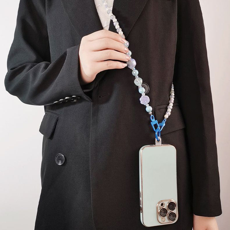 110cm Phone Lanyard for iPhone 16 / 16 Ultra / 16 Pro / 16 Pro Max Beaded Shoulder Neck Strap with Patch - Blue