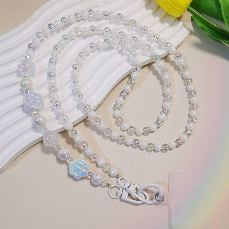 110cm Phone Lanyard for iPhone 16 / 16 Ultra / 16 Pro / 16 Pro Max Beaded Shoulder Neck Strap with Patch - White