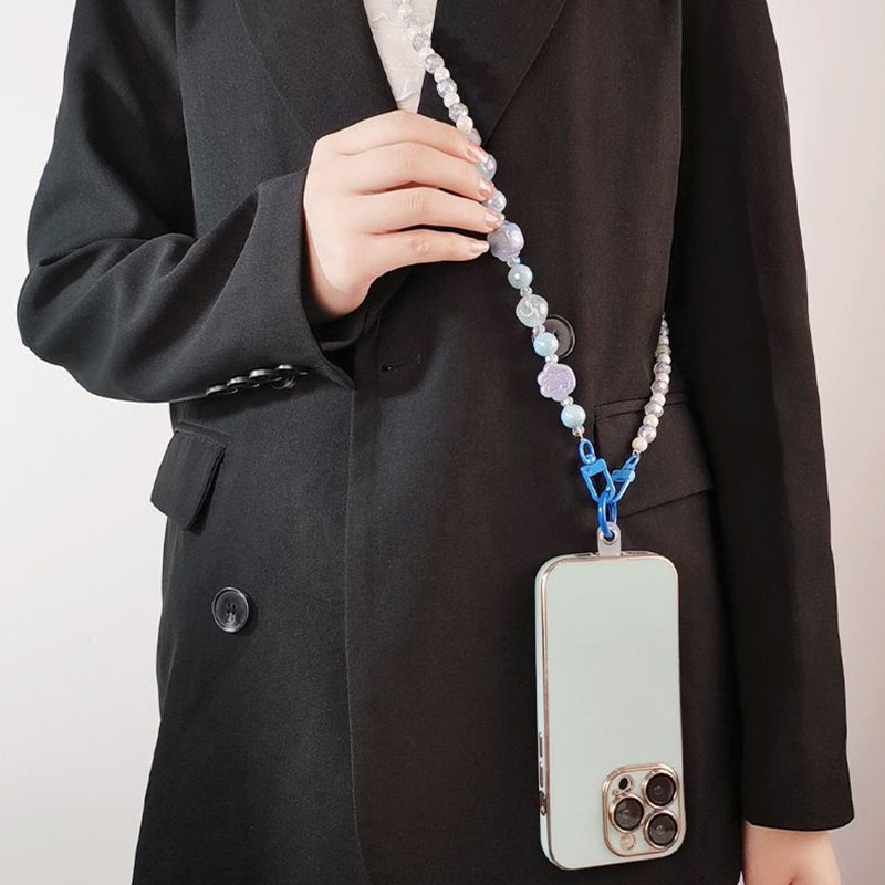 110cm Phone Lanyard for iPhone 16 / 16 Ultra / 16 Pro / 16 Pro Max Beaded Shoulder Neck Strap with Patch - White