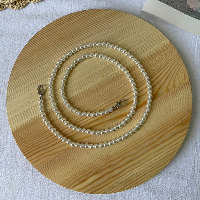 Pearl Beaded Phone Lanyard for iPhone 16 / 16 Ultra / 16 Pro / 16 Pro Max 110cm Crossbody Chain Strap - Silver Buckle