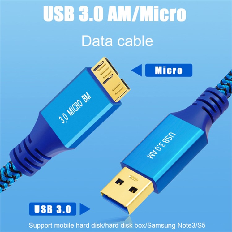 1m USB 3.0 Male to Micro USB 3.0 Male Nylon Braided Cable Data Transfer Charging Cord