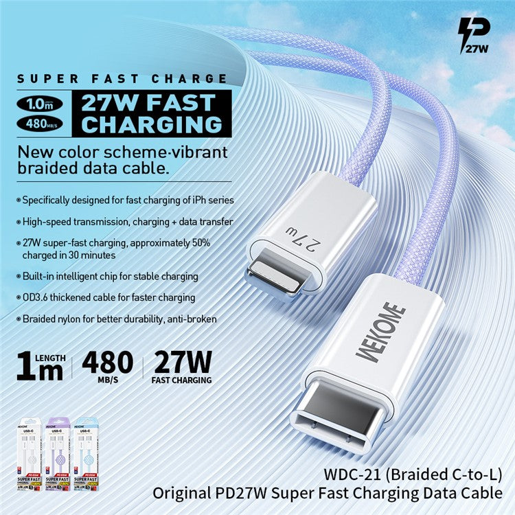 WEKOME WDC-21 1m PD 27W Fast Charging Data Cable USB-C to Lightning Nylon Braided Cord - Blue