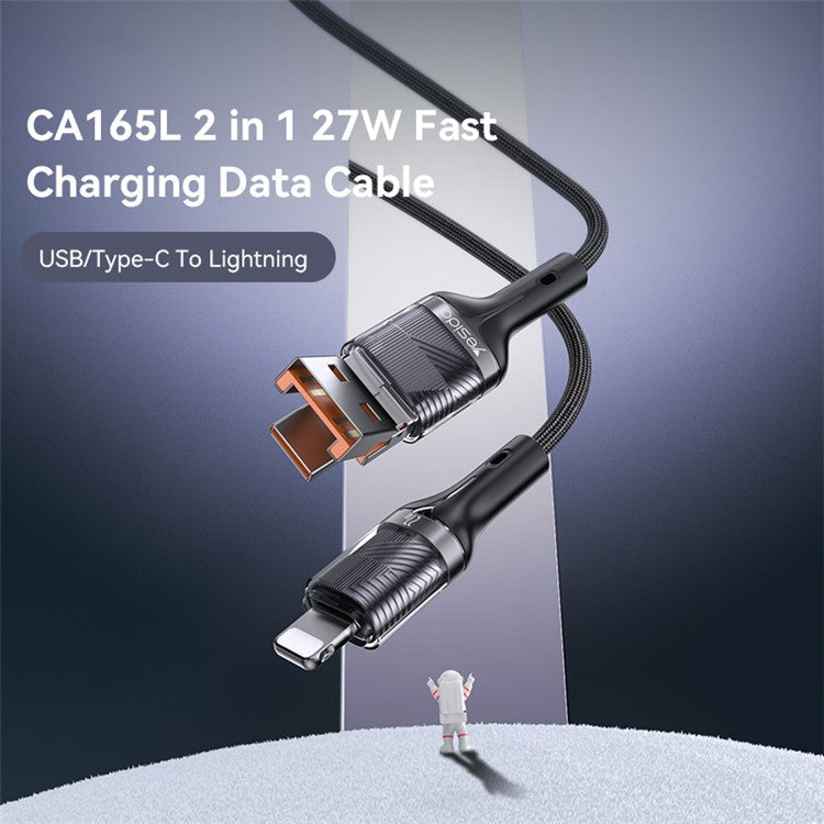 YESIDO CA165L 1.2m USB / Type-C 2-in-1 Plug to 8-pin Phone Charging Cable Braided Data Cable