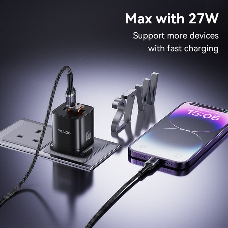 YESIDO CA165L 1.2m USB / Type-C 2-in-1 Plug to 8-pin Phone Charging Cable Braided Data Cable