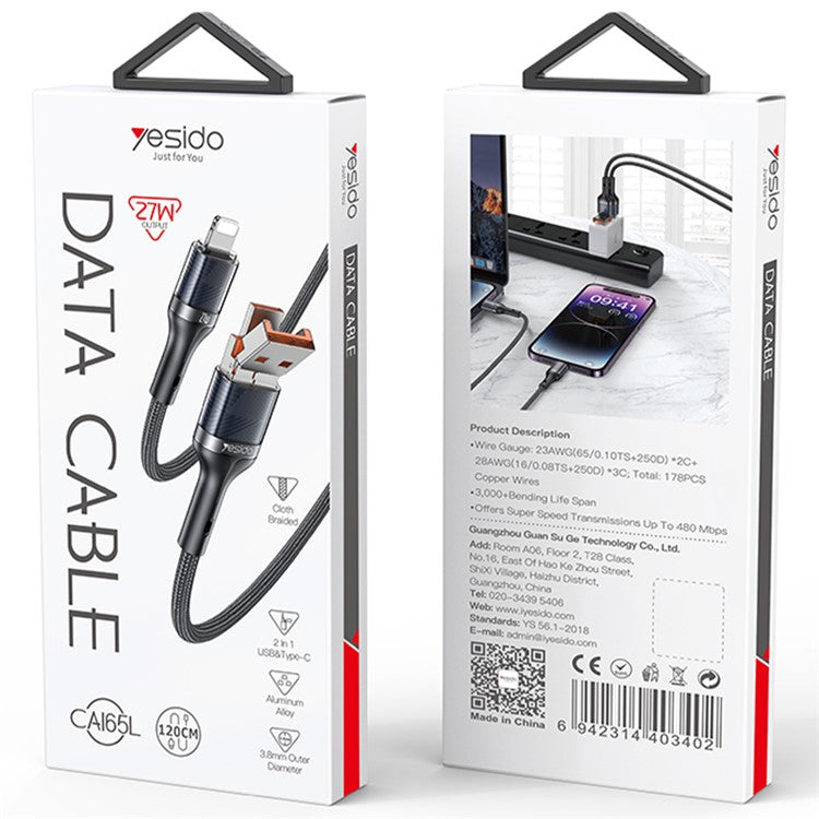 YESIDO CA165L 1.2m USB / Type-C 2-in-1 Plug to 8-pin Phone Charging Cable Braided Data Cable
