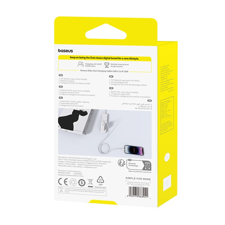 BASEUS Silky USB-C to iP Data Cord Flexible PVC PD 20W Fast Charging Cable, Length: 2m - White