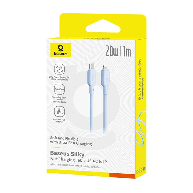 BASEUS Silky USB-C to iP Data Cord Flexible PVC PD 20W Fast Charging Cable, Length: 1m - Blue