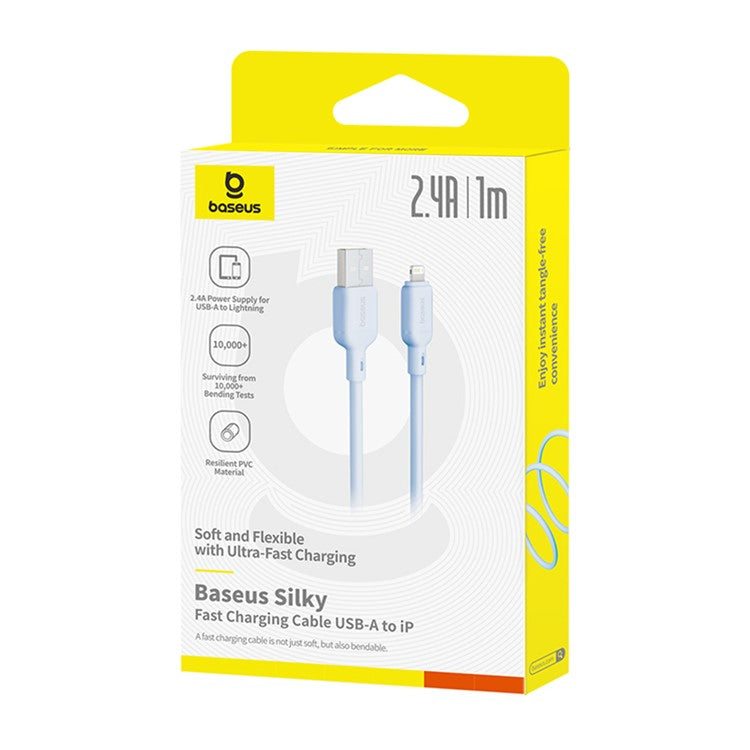 BASEUS Silky Fast Charging Cable USB to iP Flexible PVC 2.4A Data Cord, Length: 1m - Blue