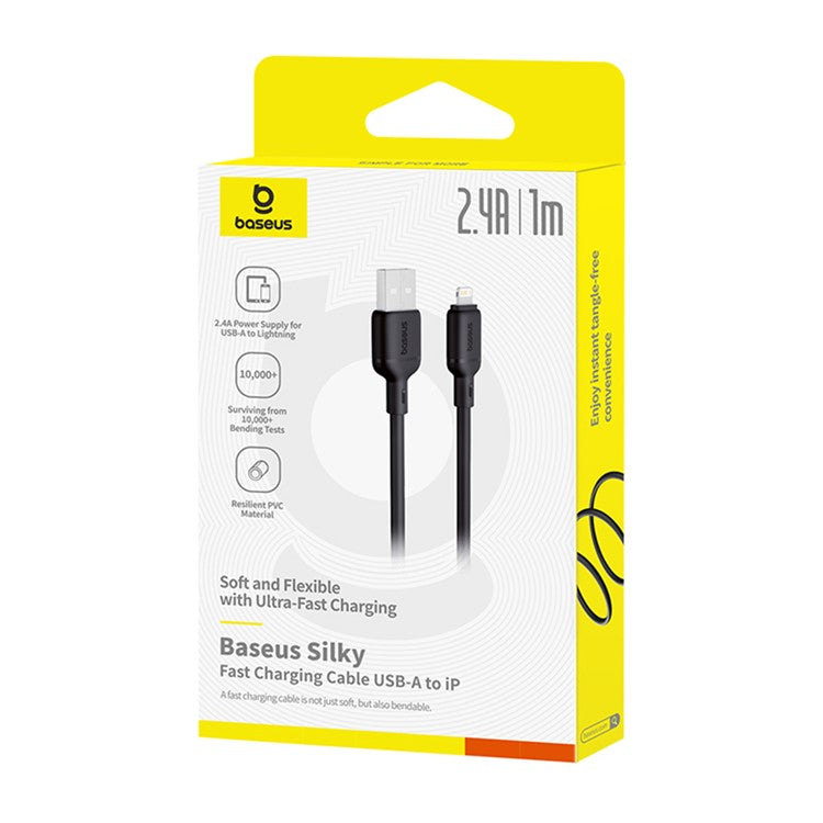 BASEUS Silky Fast Charging Cable USB to iP Flexible PVC 2.4A Data Cord, Length: 1m - Black
