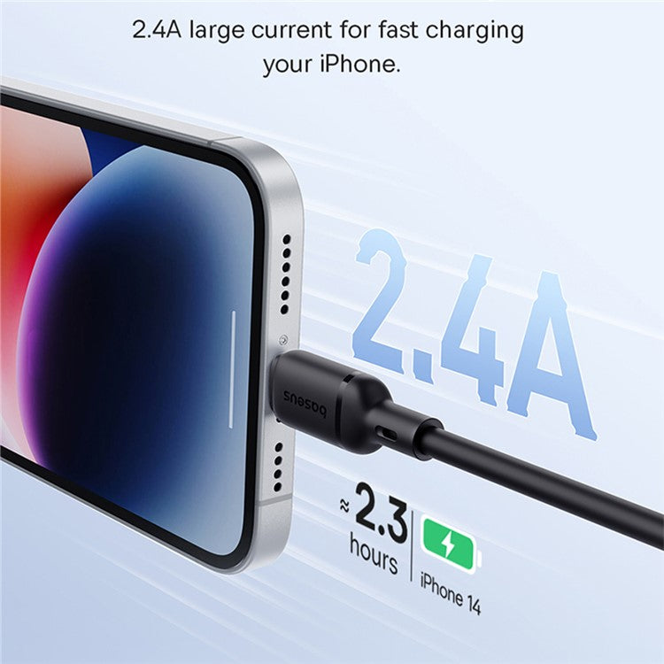 BASEUS Silky Fast Charging Cable USB to iP Flexible PVC 2.4A Data Cord, Length: 2m - Black