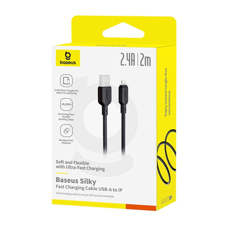BASEUS Silky Fast Charging Cable USB to iP Flexible PVC 2.4A Data Cord, Length: 2m - Black