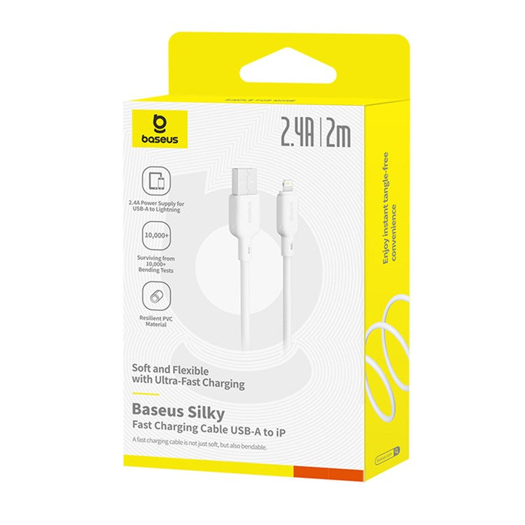 BASEUS Silky Fast Charging Cable USB to iP Flexible PVC 2.4A Data Cord, Length: 2m - White