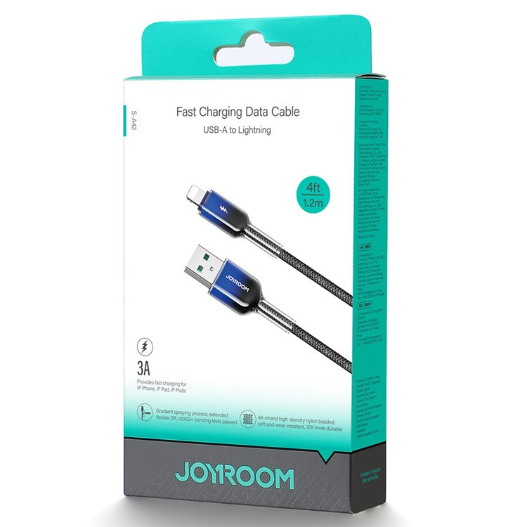 JOYROOM S-A42 1.2m 3A USB-A to Lightning Fast Charging Data Cable Nylon Braided Cord - Black