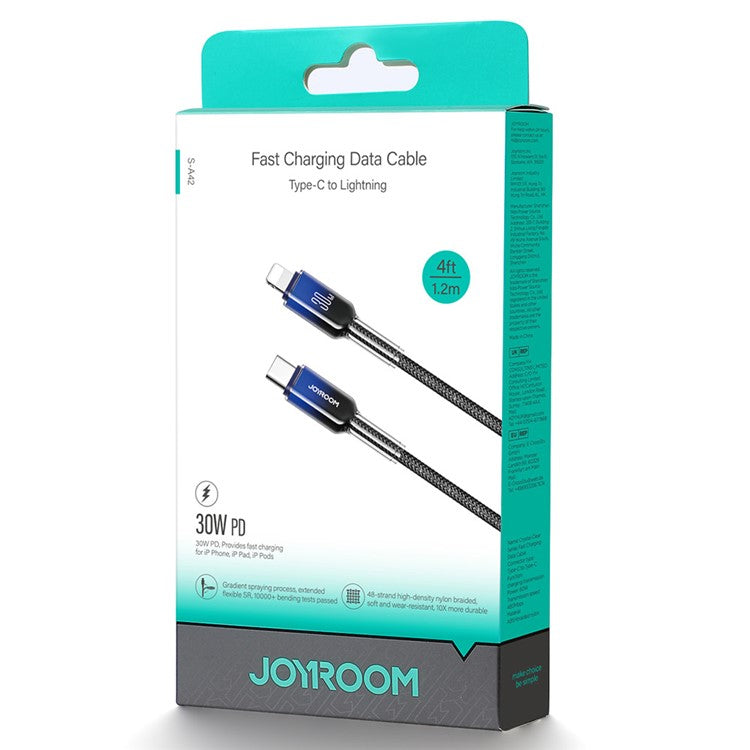 JOYROOM S-A42 1.2m PD 30W Fast Charging Data Cable USB-A to Lightning Nylon Braided Cord - Black