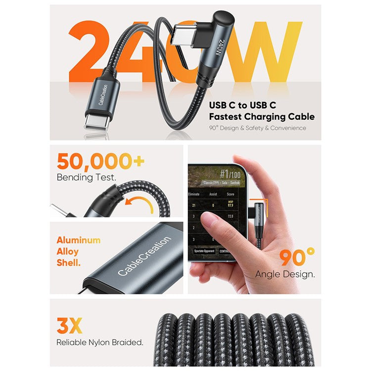 CABLECREATION CC1306 0.91m Type-C to Elbow Type-C 240W Fast Charging Nylon Braided Data Cable