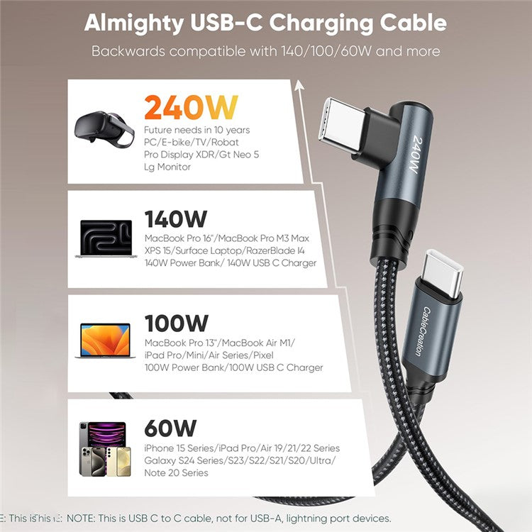 CABLECREATION CC1306 0.91m Type-C to Elbow Type-C 240W Fast Charging Nylon Braided Data Cable