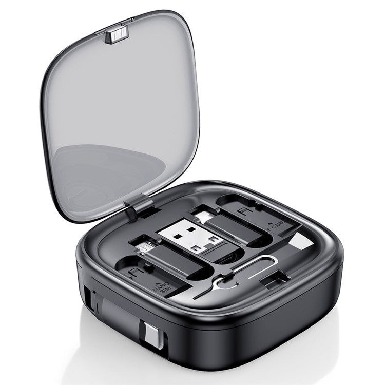 UD7603 1m Retractable 60W Type-C to Type-C Fast Charging Cable Storage Box with Eject Pin and 3 Adapters - Black