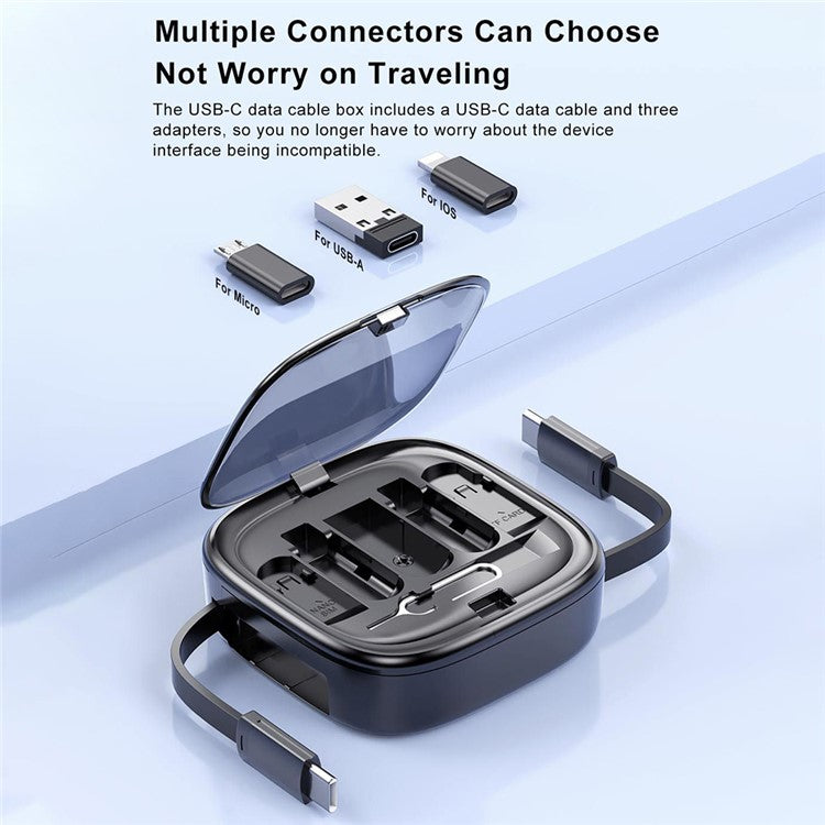 UD7603 1m Retractable 60W Type-C to Type-C Fast Charging Cable Storage Box with Eject Pin and 3 Adapters - Black