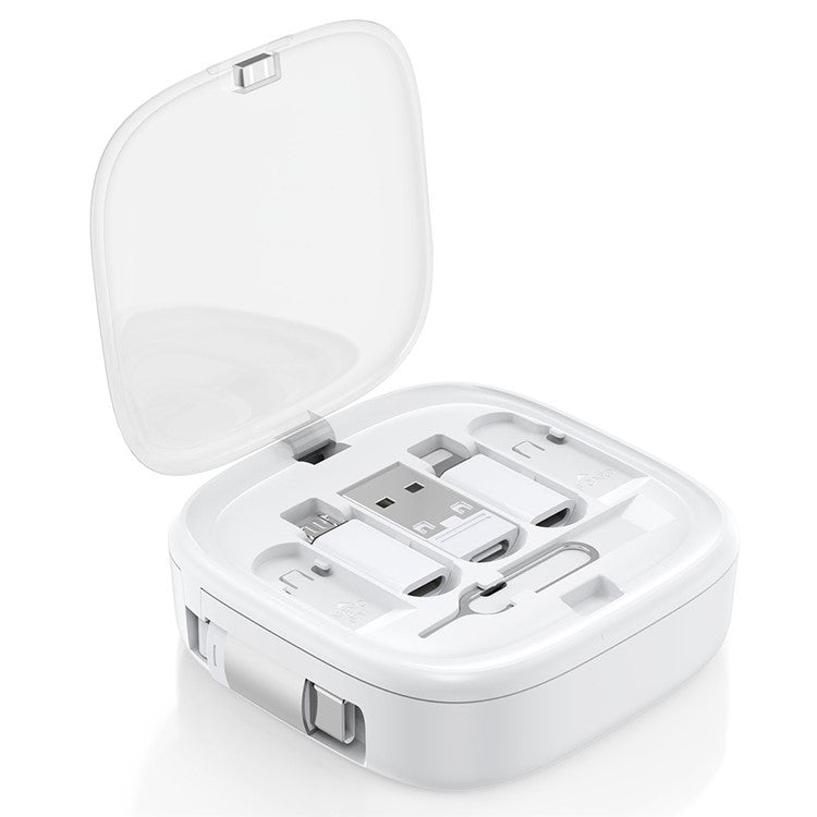 UD7603 1m Retractable 60W Type-C to Type-C Fast Charging Cable Storage Box with Eject Pin and 3 Adapters - White