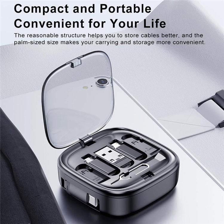 UD7603 1m Retractable 60W Type-C to Type-C Fast Charging Cable Storage Box with Eject Pin and 3 Adapters - White