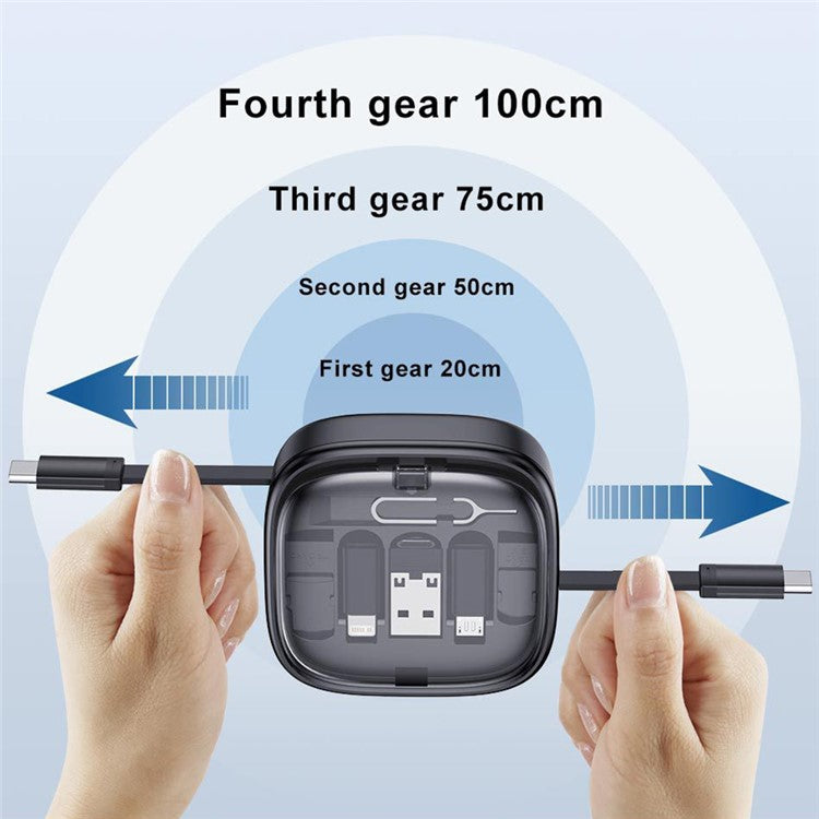 UD7603 1m Retractable 60W Type-C to Type-C Fast Charging Cable Storage Box with Eject Pin and 3 Adapters - White