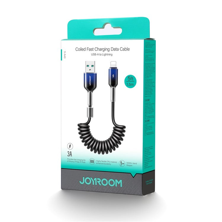 JOYROOM S-A43 1.5m Spring Coiled Cable USB-A to Lightning 3A Fast Charging Cord - Black