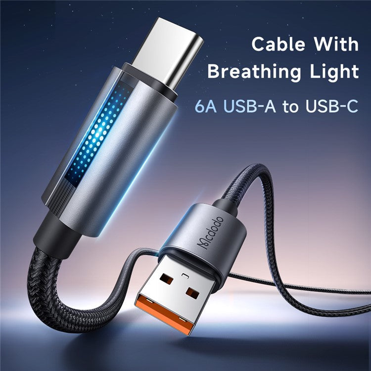 MCDODO CA-5180 1.2m USB-A to Type-C 6A 100W Charging Data Cable with Breathing Light - Black