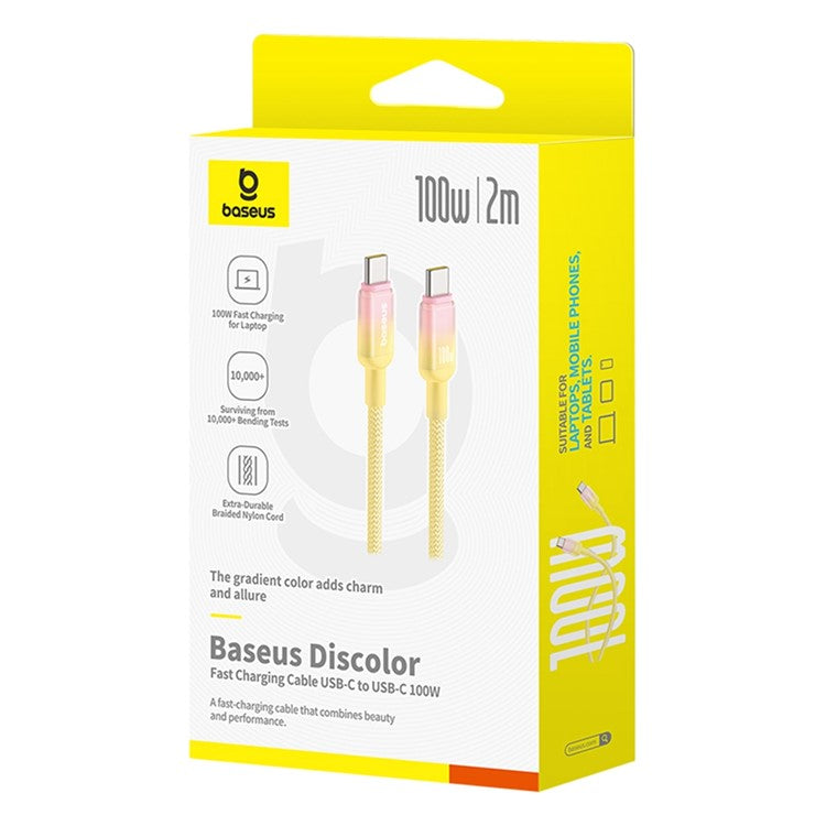 BASEUS Discolor Series 2m Fast Charging Cable USB-C to USB-C 100W Nylon Braided Data Cord - Yellow