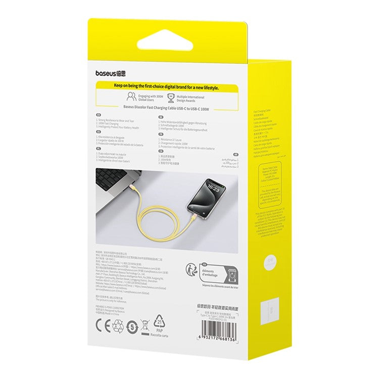 BASEUS Discolor Series 2m Fast Charging Cable USB-C to USB-C 100W Nylon Braided Data Cord - Yellow