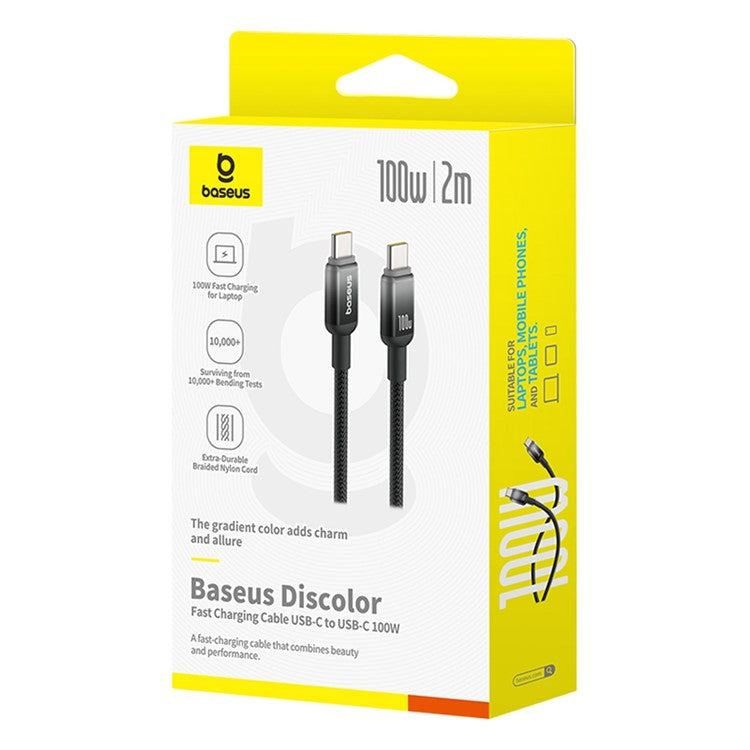 BASEUS Discolor Series 2m Fast Charging Cable USB-C to USB-C 100W Nylon Braided Data Cord - Black