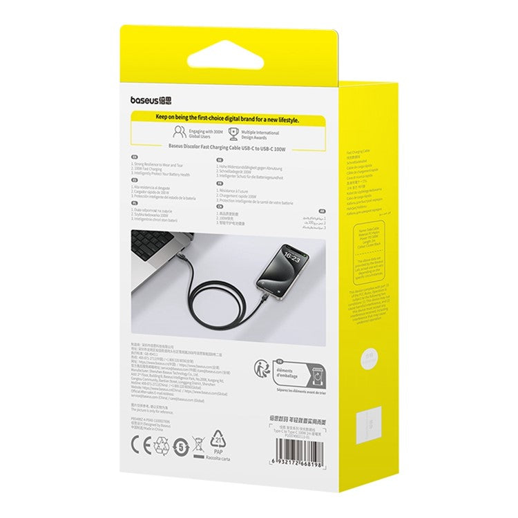 BASEUS Discolor Series 2m Fast Charging Cable USB-C to USB-C 100W Nylon Braided Data Cord - Black