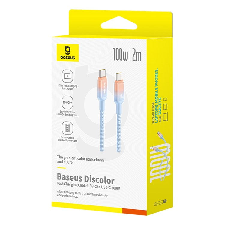 BASEUS Discolor Series 2m Fast Charging Cable USB-C to USB-C 100W Nylon Braided Data Cord - Blue