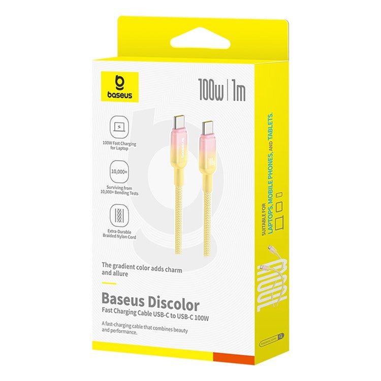 BASEUS Discolor Series 1m Fast Charging Cable USB-C to USB-C 100W Nylon Braided Data Cord - Yellow