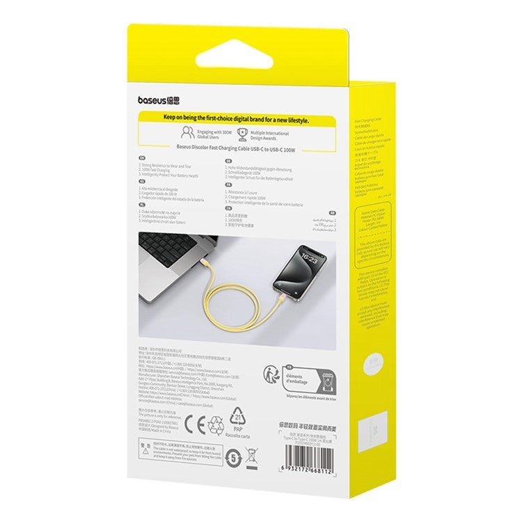 BASEUS Discolor Series 1m Fast Charging Cable USB-C to USB-C 100W Nylon Braided Data Cord - Yellow